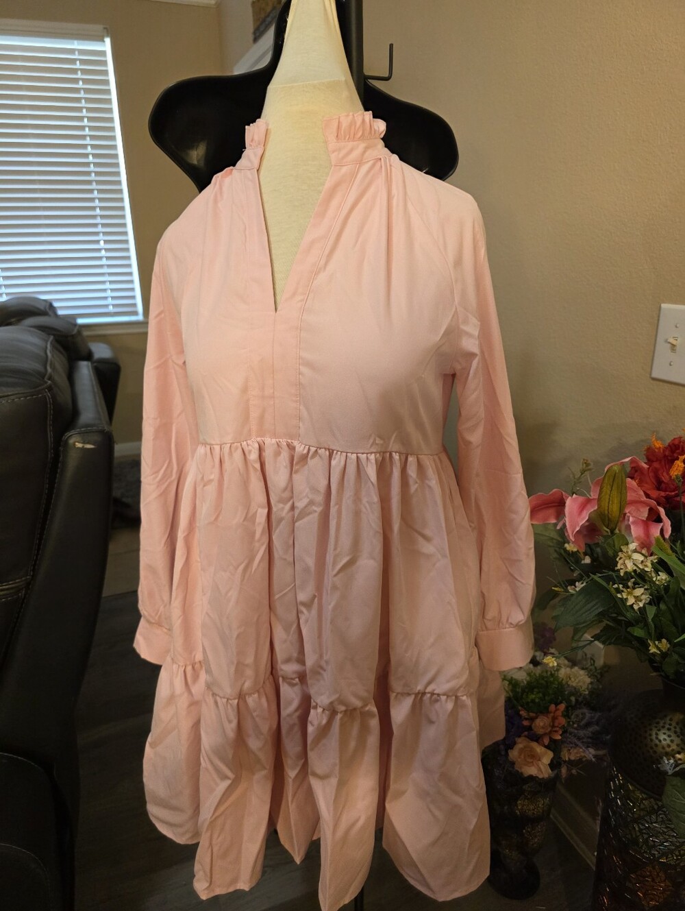 Women's Pink Tiered Ruffle Neck Tunic